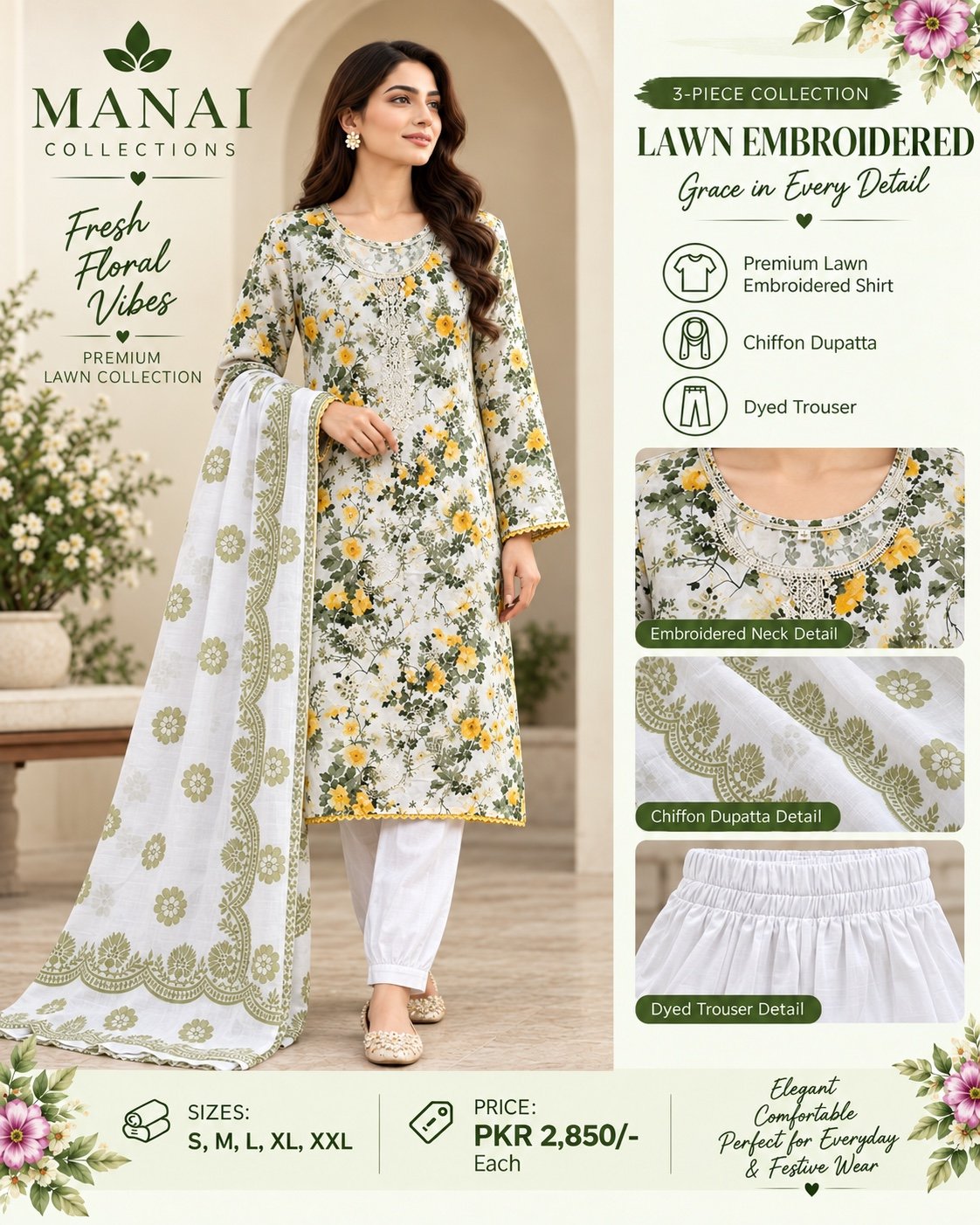 White Yellow Floral Suit - Manai Collections