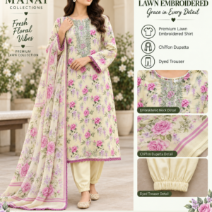 Cream Pink Lilac Rose Embroidered Lawn 3 Piece Suit