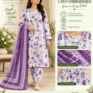 White Purple Floral Embroidered Lawn 3 Piece Suit