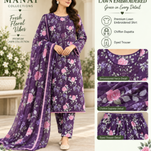 Deep Purple Pink Rose Embroidered Lawn 3 Piece Suit