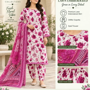Cream Magenta Rose Embroidered Lawn 3 Piece Suit