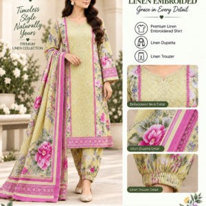 Ivory Multi Floral Embroidered Linen 3 Piece Suit