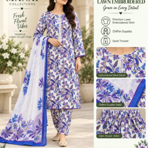White Blue Purple Floral Embroidered Lawn 3 Piece Suit