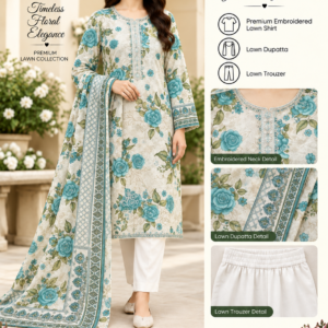 Ivory Teal Floral Embroidered Lawn 3 Piece Suit