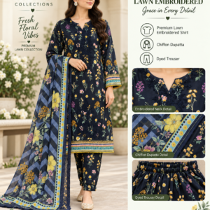 Navy Floral Embroidered Lawn 3 Piece Suit