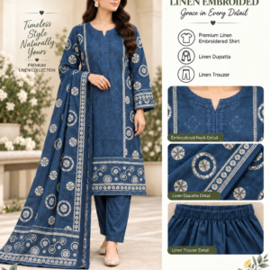 Olive Floral Embroidered Linen 3 Piece Suit