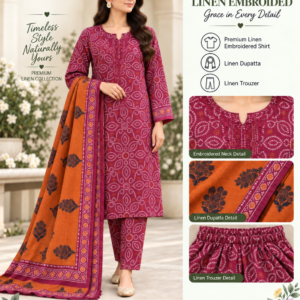 Maroon Beige Floral Embroidered Linen 3 Piece Suit