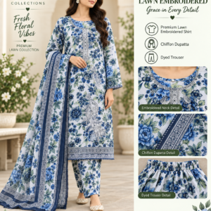 Light Blue Navy Floral Embroidered Lawn 3 Piece Suit