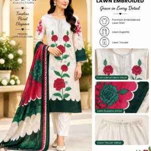 White Red Green Floral Embroidered Lawn 3 Piece Suit