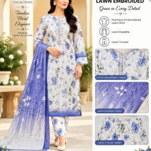 White Powder Blue Floral Embroidered Lawn 3 Piece Suit
