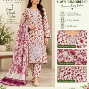 Cream Burgundy Floral Embroidered Lawn 3 Piece Suit