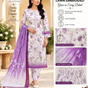 White Lilac Floral Embroidered Lawn 3 Piece Suit