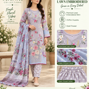 Lavender Pink Floral Embroidered Lawn 3 Piece Suit