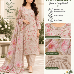 Grey Blue Floral Embroidered Linen 3 Piece Suit
