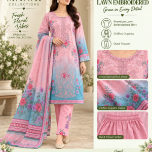 Powder Blue Pastel Floral Embroidered Lawn 3 Piece Suit