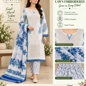 Royal Blue Motif Floral Embroidered Lawn 3 Piece Suit