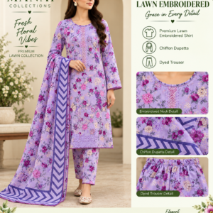 Lavender Magenta Chevron Floral Embroidered Lawn 3 Piece Suit