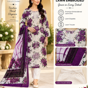 Cream Deep Purple Floral Embroidered Lawn 3 Piece Suit