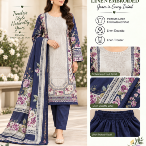 Beige Rust Floral Embroidered Linen 3 Piece Suit
