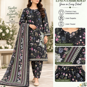Ivory Blue Floral Embroidered Linen 3 Piece Suit