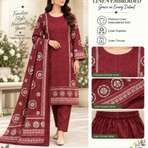 Black Red Floral Embroidered Linen 3 Piece Suit