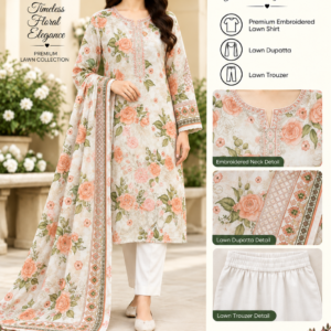 Ivory Peach Floral Embroidered Lawn 3 Piece Suit