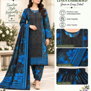 Black Mustard Floral Embroidered Linen 3 Piece Suit