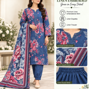 Teal Floral Embroidered Linen 3 Piece Suit