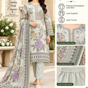 Soft Grey Lilac Floral Embroidered Lawn 3 Piece Suit