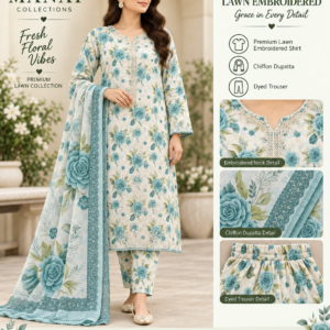 Aqua Teal Rose Embroidered Lawn 3 Piece Suit