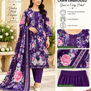 Deep Purple Pink Floral Embroidered Lawn 3 Piece Suit
