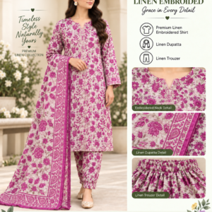 Navy Pink Floral Embroidered Linen 3 Piece Suit