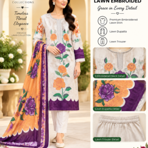 White Orange Purple Floral Embroidered Lawn 3 Piece Suit