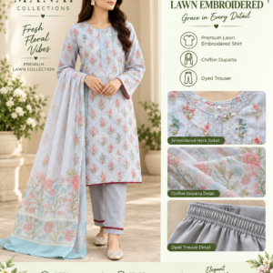 Pink Blue Ombre Floral Embroidered Lawn 3 Piece Suit