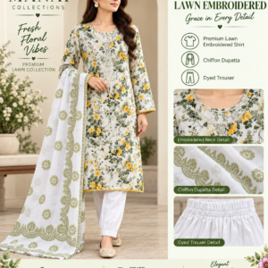 Ivory Olive Yellow Floral Embroidered Lawn 3 Piece Suit