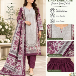 Black Pink Floral Embroidered Linen 3 Piece Suit