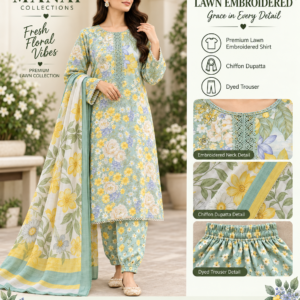 Mint Yellow Floral Embroidered Lawn 3 Piece Suit
