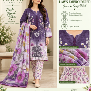 Deep Purple Gradient Floral Embroidered Lawn 3 Piece Suit