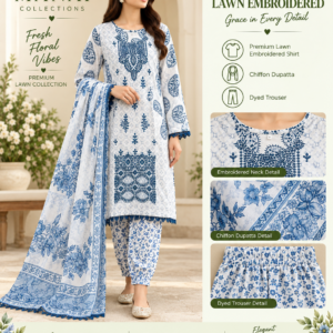 White Navy Blue Floral Embroidered Lawn 3 Piece Suit