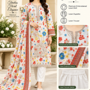 White Multi Floral Embroidered Lawn 3 Piece Suit