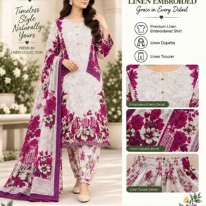 Purple Floral Embroidered Linen 3 Piece Suit